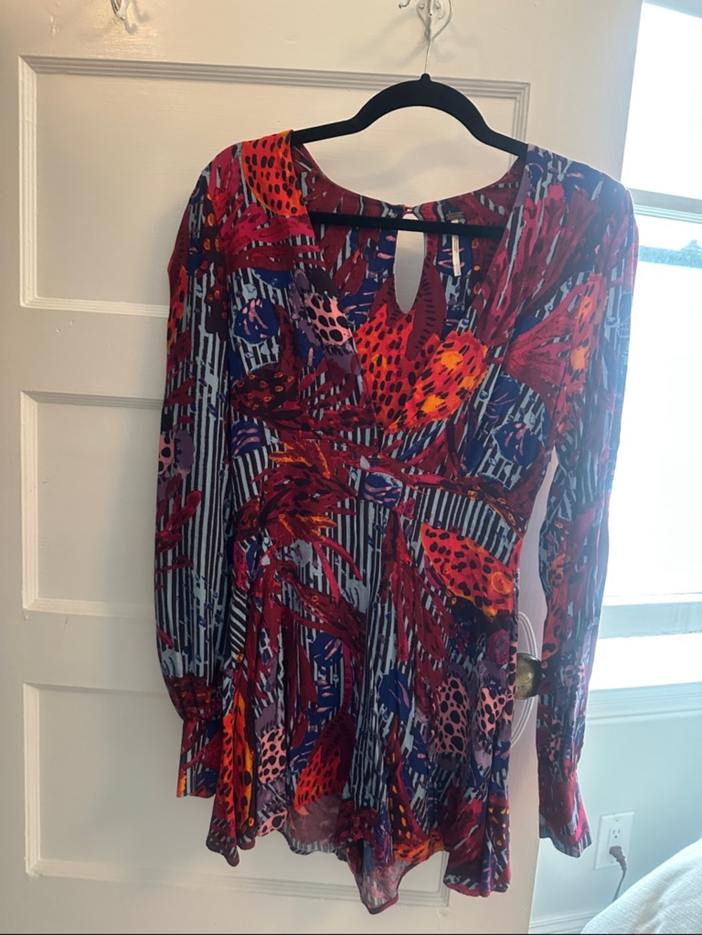 Vibrant Mixed-Print Long Sleeve Women's Romper - Red & Blue